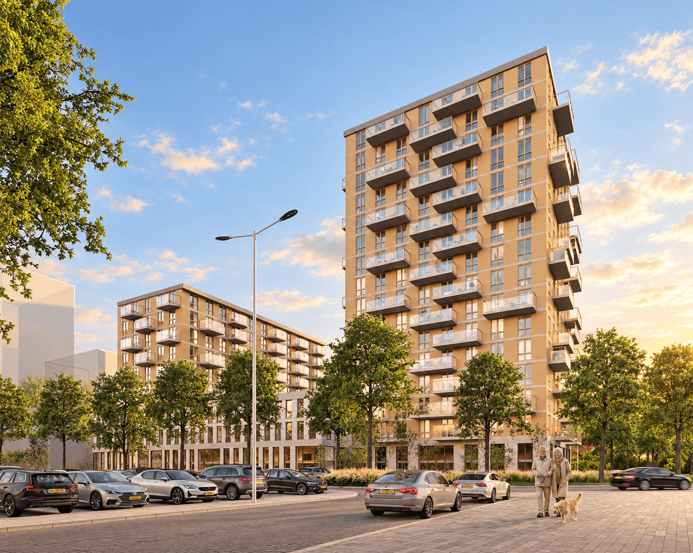 Moderne appartementen in Nieuw Oden tijdens een warme avondschemering